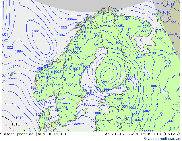 地面气压 ICON-EU 星期一 01.07.2024 12 UTC