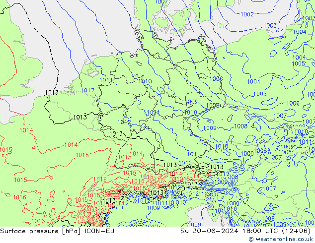Luchtdruk (Grond) ICON-EU zo 30.06.2024 18 UTC