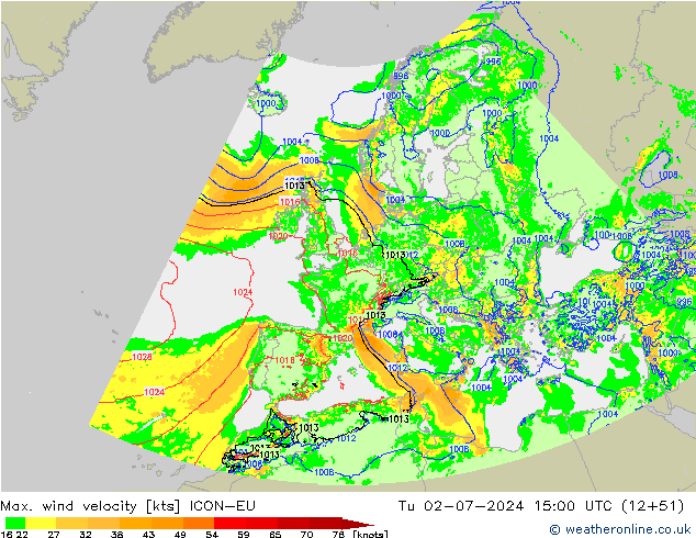 Max. wind snelheid ICON-EU di 02.07.2024 15 UTC