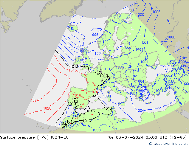 地面气压 ICON-EU 星期三 03.07.2024 03 UTC