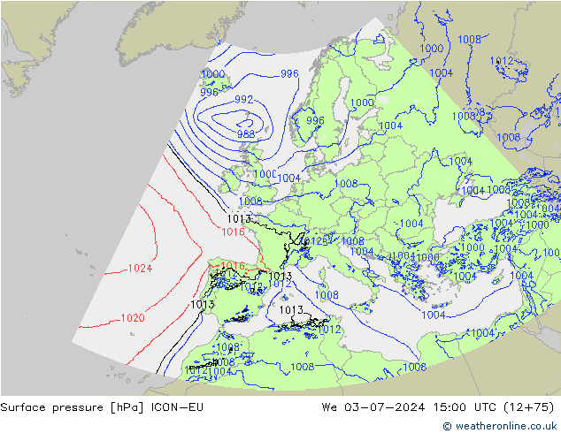 地面气压 ICON-EU 星期三 03.07.2024 15 UTC