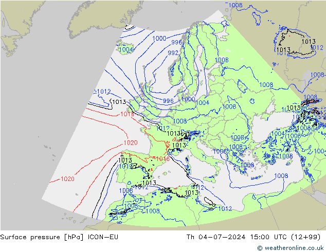 Luchtdruk (Grond) ICON-EU do 04.07.2024 15 UTC