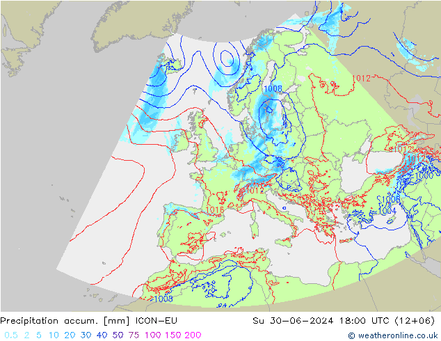 Precipitation accum. ICON-EU 星期日 30.06.2024 18 UTC