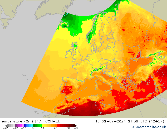 温度图 ICON-EU 星期二 02.07.2024 21 UTC