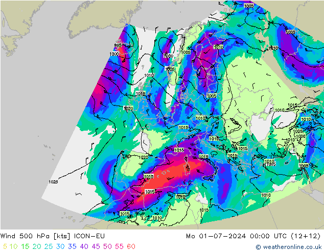 风 500 hPa ICON-EU 星期一 01.07.2024 00 UTC