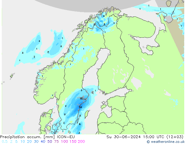 Precipitation accum. ICON-EU 星期日 30.06.2024 15 UTC