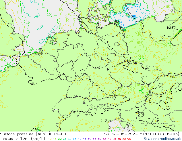 10米等风速线 (kph) ICON-EU 星期日 30.06.2024 21 UTC