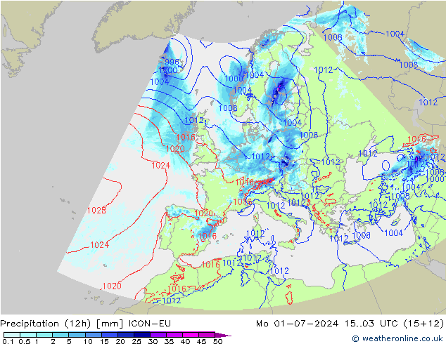 降水量 (12h) ICON-EU 星期一 01.07.2024 03 UTC