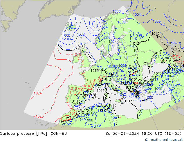 地面气压 ICON-EU 星期日 30.06.2024 18 UTC