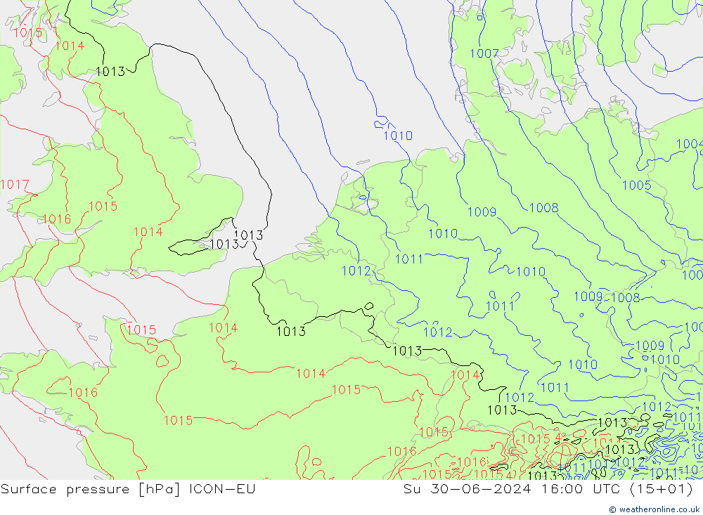 Luchtdruk (Grond) ICON-EU zo 30.06.2024 16 UTC