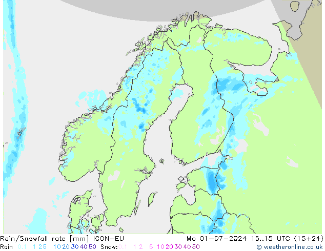 Rain/Snowfall rate ICON-EU 星期一 01.07.2024 15 UTC