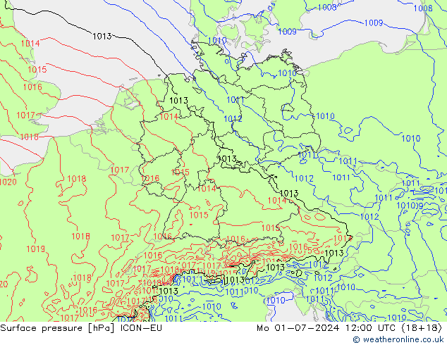 Luchtdruk (Grond) ICON-EU ma 01.07.2024 12 UTC