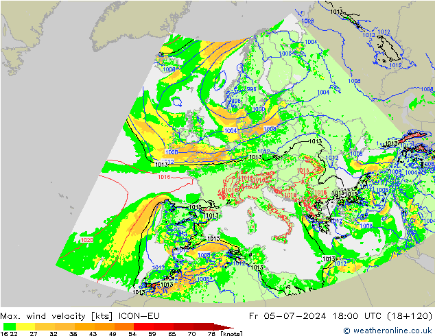 Max. wind snelheid ICON-EU vr 05.07.2024 18 UTC