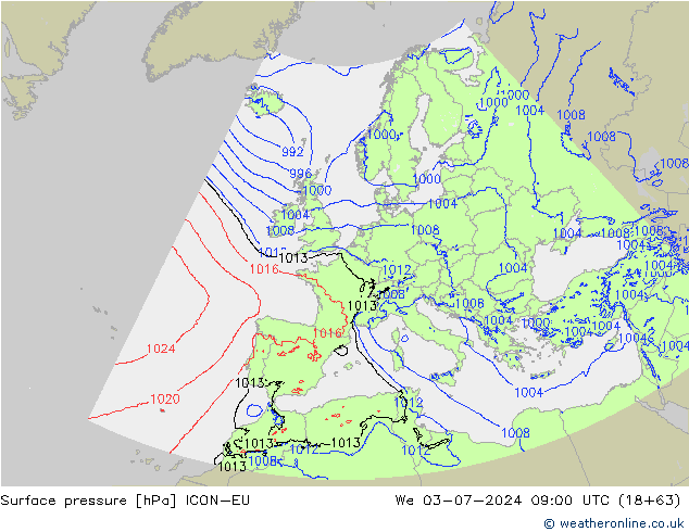 Luchtdruk (Grond) ICON-EU wo 03.07.2024 09 UTC