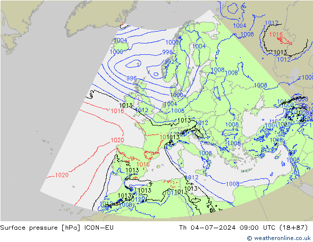地面气压 ICON-EU 星期四 04.07.2024 09 UTC