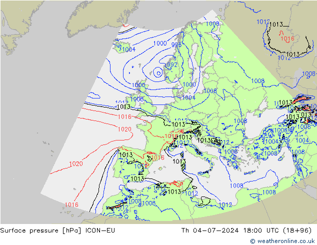 Luchtdruk (Grond) ICON-EU do 04.07.2024 18 UTC