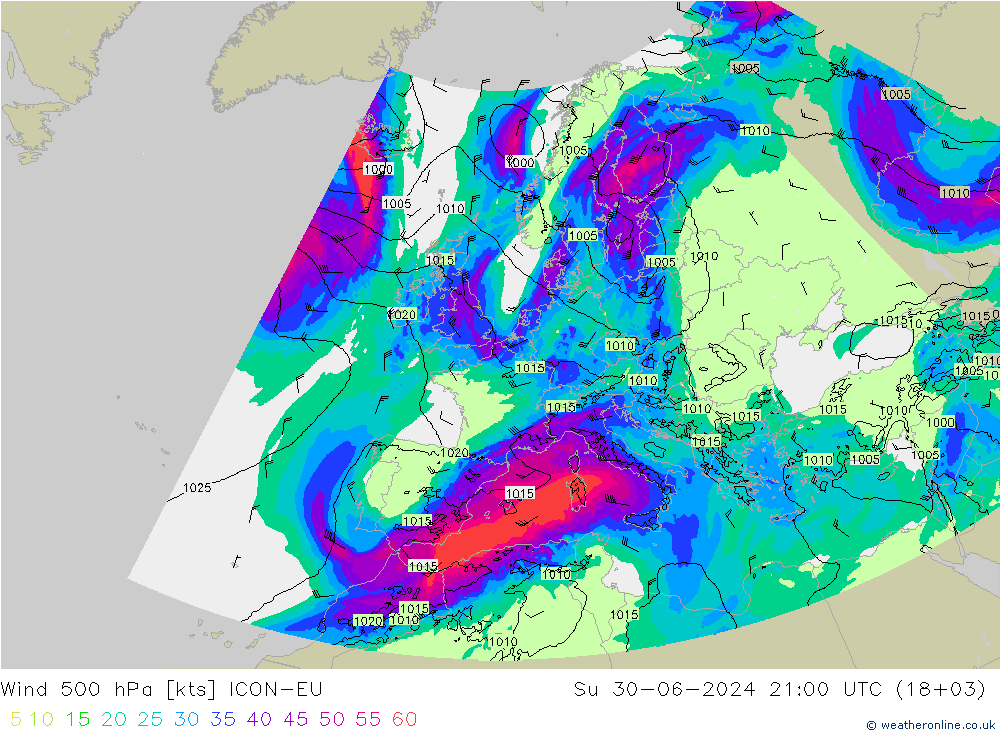 风 500 hPa ICON-EU 星期日 30.06.2024 21 UTC