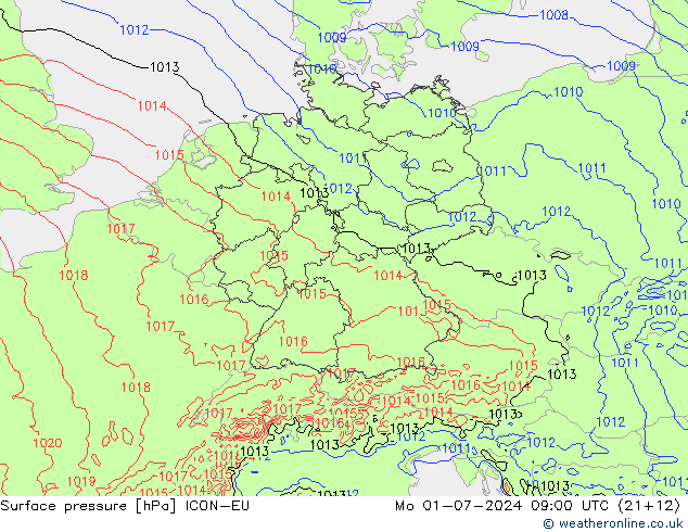 Luchtdruk (Grond) ICON-EU ma 01.07.2024 09 UTC