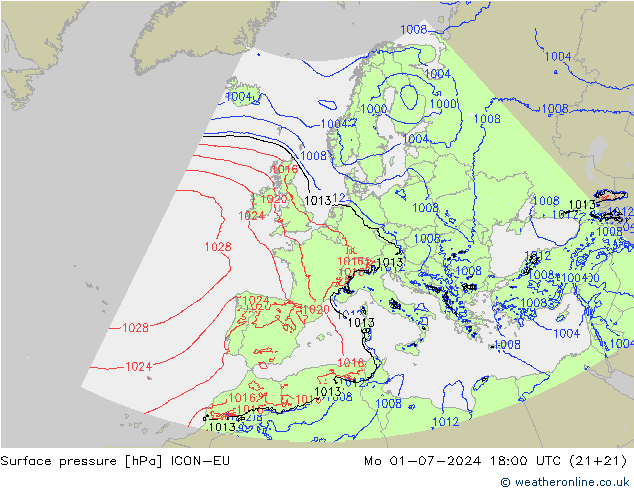 Luchtdruk (Grond) ICON-EU ma 01.07.2024 18 UTC