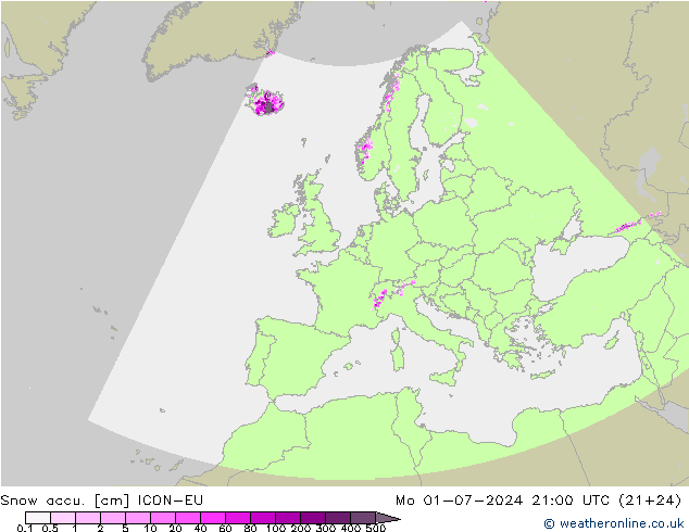 Snow accu. ICON-EU 星期一 01.07.2024 21 UTC
