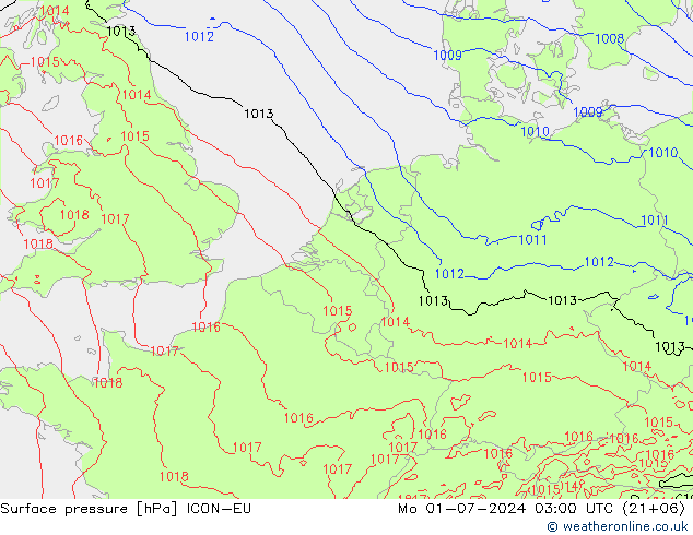 地面气压 ICON-EU 星期一 01.07.2024 03 UTC