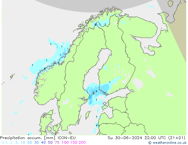 Precipitation accum. ICON-EU 星期日 30.06.2024 22 UTC