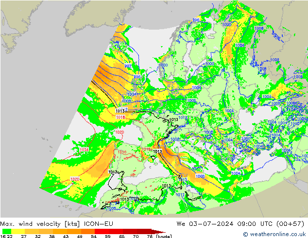 Max. wind snelheid ICON-EU wo 03.07.2024 09 UTC