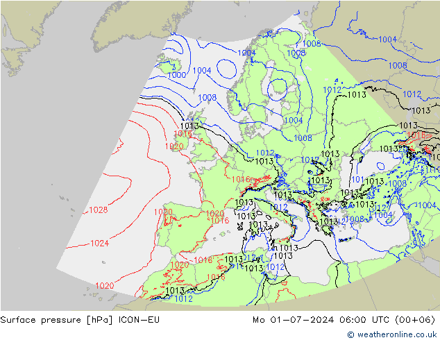 地面气压 ICON-EU 星期一 01.07.2024 06 UTC