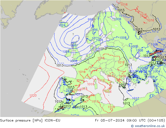 地面气压 ICON-EU 星期五 05.07.2024 09 UTC