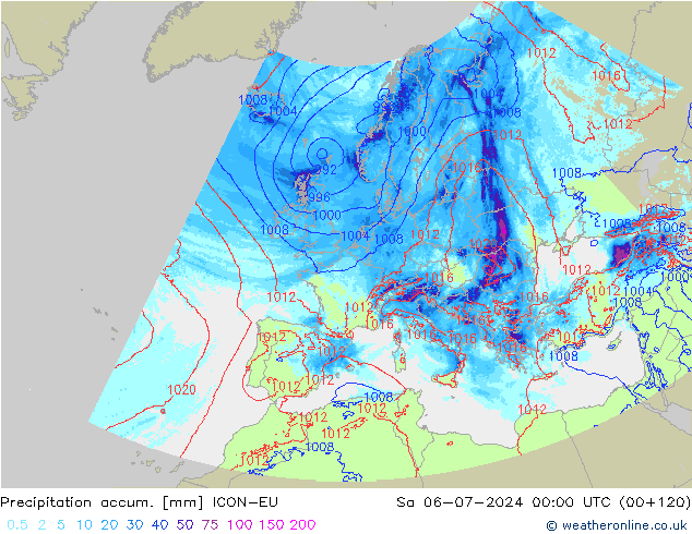 Precipitation accum. ICON-EU 星期六 06.07.2024 00 UTC