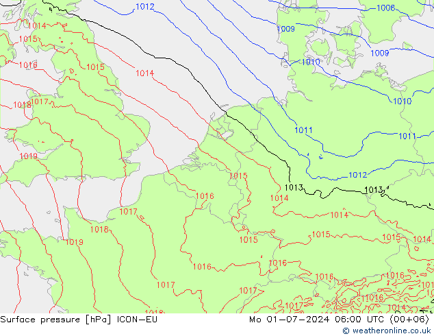 地面气压 ICON-EU 星期一 01.07.2024 06 UTC