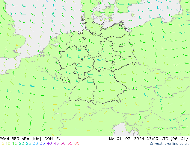 风 850 hPa ICON-EU 星期一 01.07.2024 07 UTC
