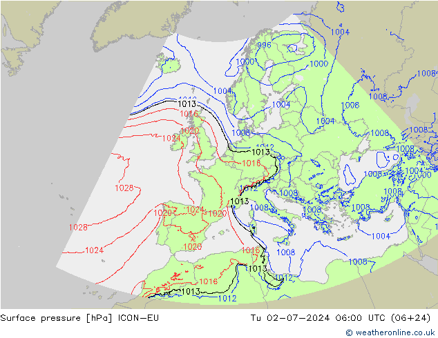 地面气压 ICON-EU 星期二 02.07.2024 06 UTC