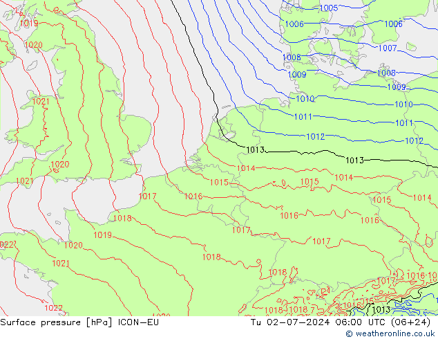 地面气压 ICON-EU 星期二 02.07.2024 06 UTC