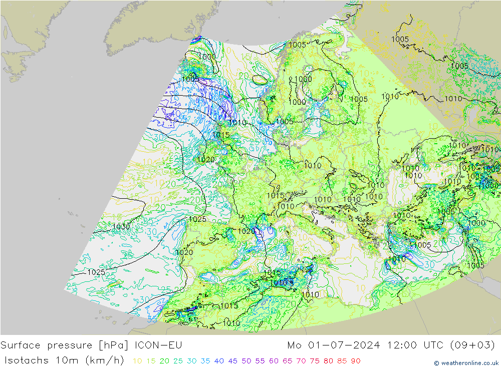 Isotachen (km/h) ICON-EU ma 01.07.2024 12 UTC