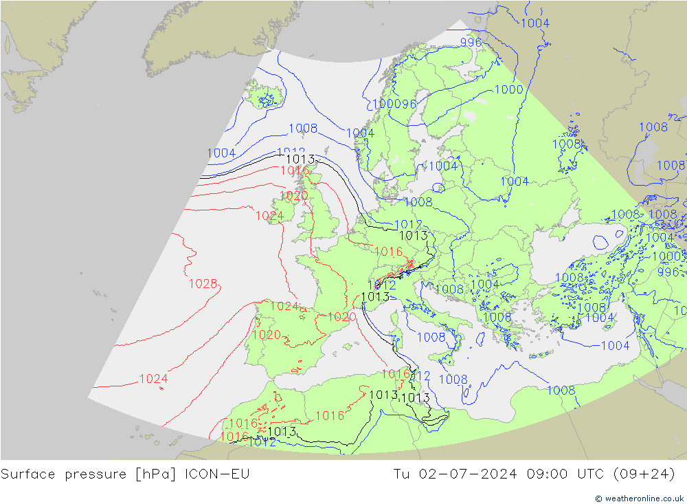 Luchtdruk (Grond) ICON-EU di 02.07.2024 09 UTC