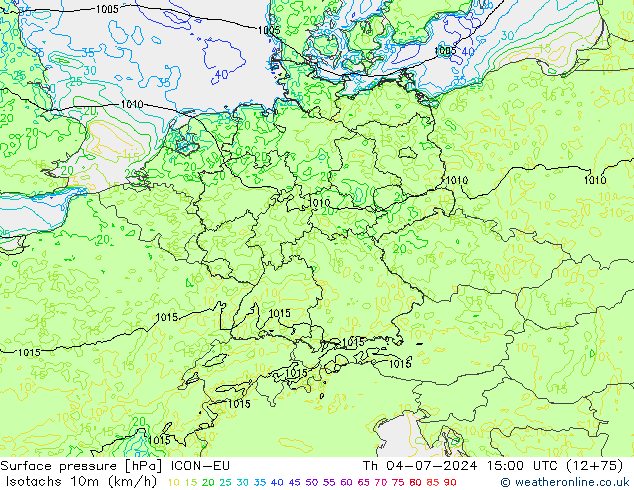 Isotachen (km/h) ICON-EU do 04.07.2024 15 UTC