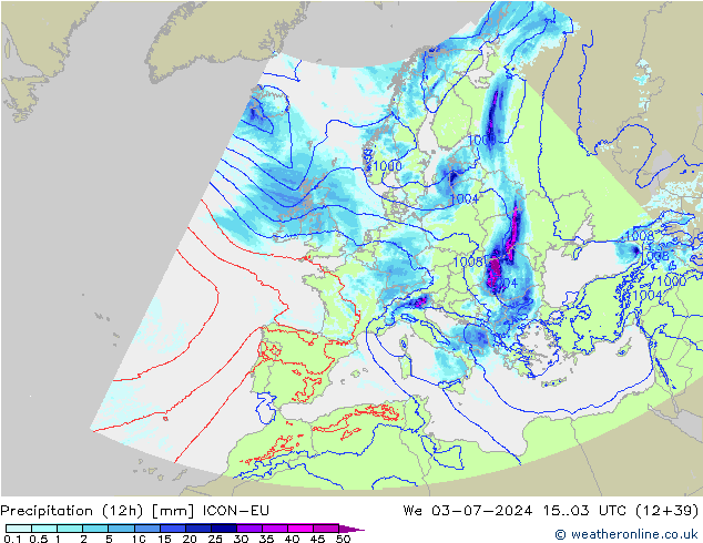 Totale neerslag (12h) ICON-EU wo 03.07.2024 03 UTC