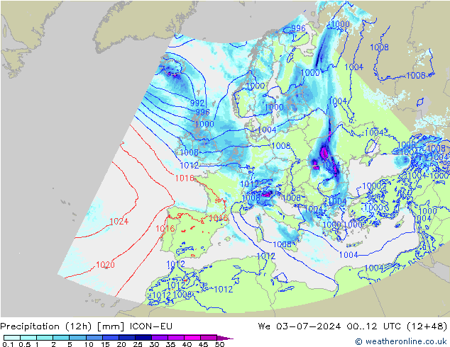 Totale neerslag (12h) ICON-EU wo 03.07.2024 12 UTC