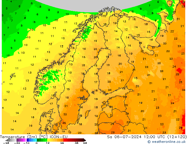 Temperatuurkaart (2m) ICON-EU za 06.07.2024 12 UTC