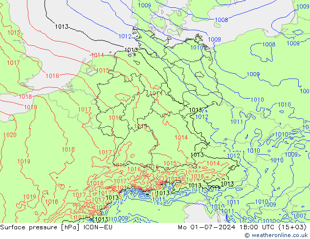 地面气压 ICON-EU 星期一 01.07.2024 18 UTC