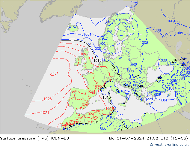 地面气压 ICON-EU 星期一 01.07.2024 21 UTC
