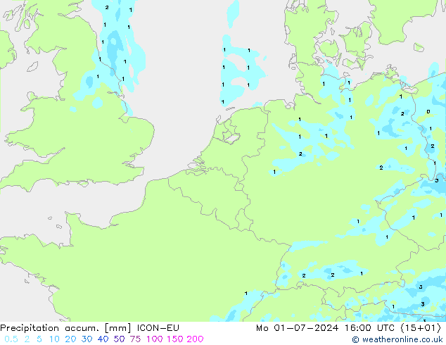 Precipitation accum. ICON-EU 星期一 01.07.2024 16 UTC