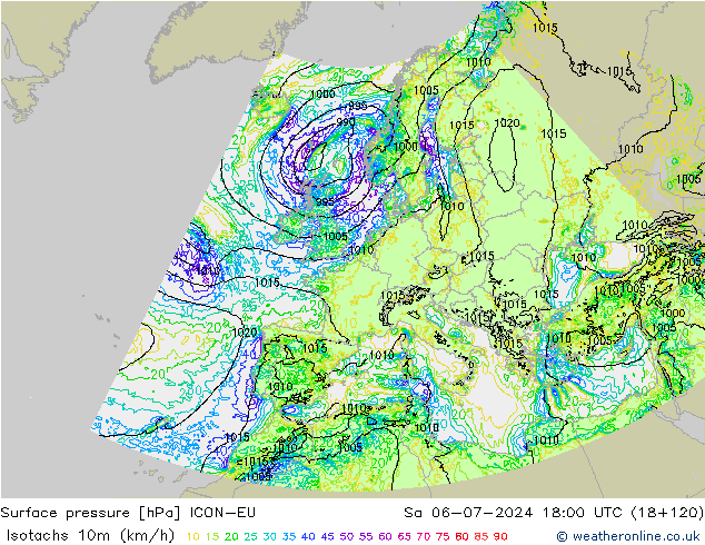 10米等风速线 (kph) ICON-EU 星期六 06.07.2024 18 UTC