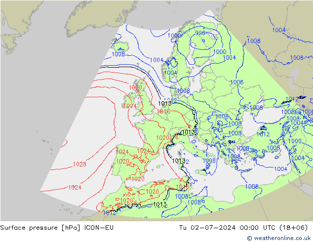 地面气压 ICON-EU 星期二 02.07.2024 00 UTC