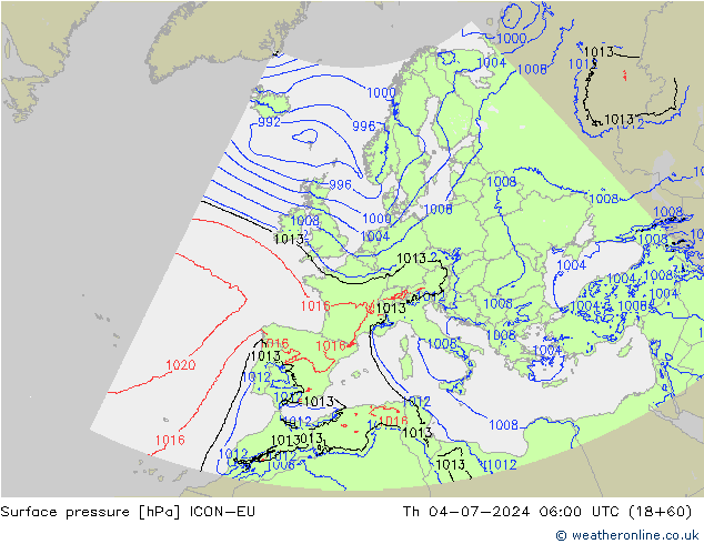 Luchtdruk (Grond) ICON-EU do 04.07.2024 06 UTC