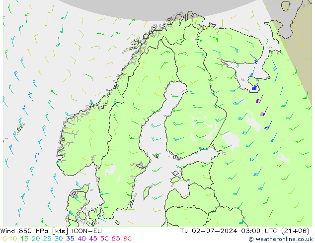 Wind 850 hPa ICON-EU di 02.07.2024 03 UTC