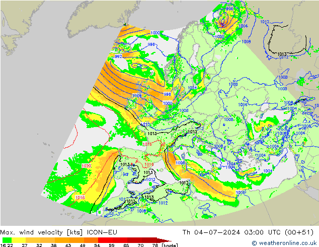 Max. wind velocity ICON-EU 星期四 04.07.2024 03 UTC