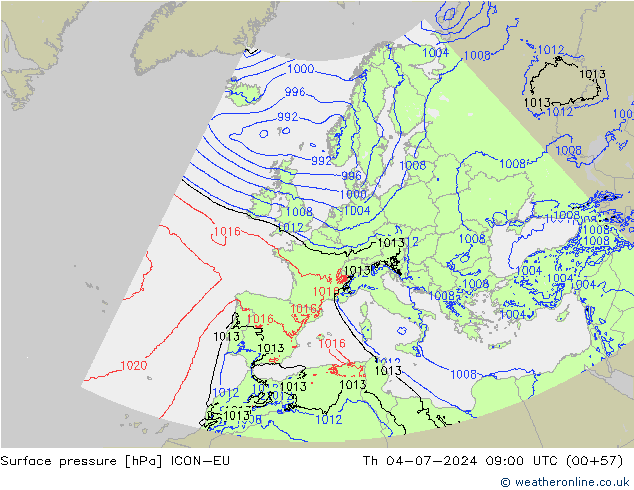 Luchtdruk (Grond) ICON-EU do 04.07.2024 09 UTC
