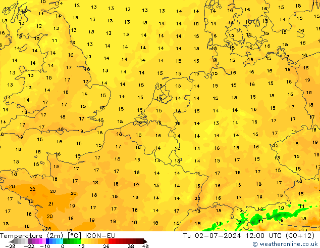 温度图 ICON-EU 星期二 02.07.2024 12 UTC